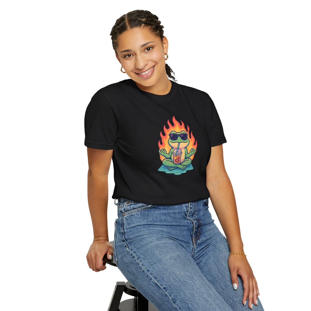 “Zen on Fire” – Cool Frog Bubble Tea T-Shirt (Unisex)