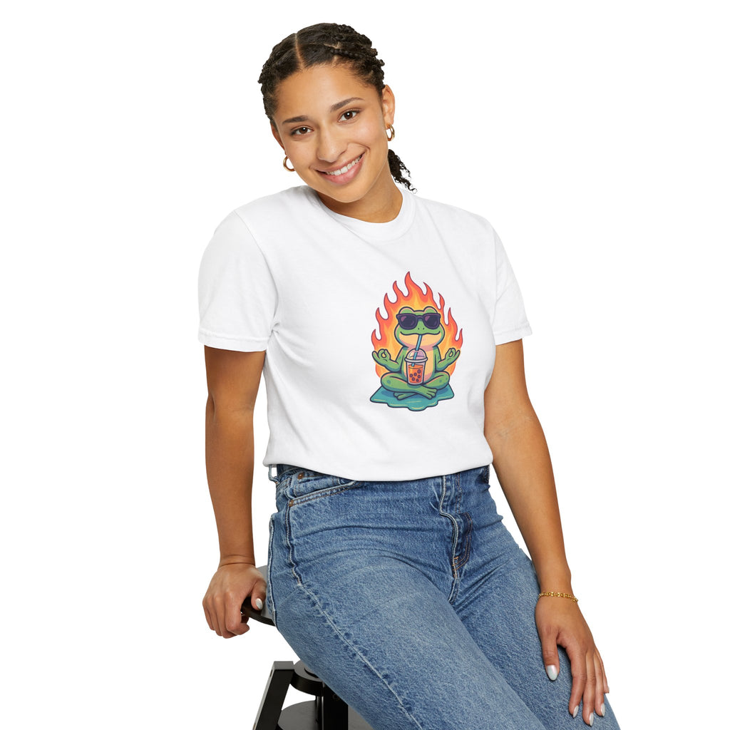 “Zen on Fire” – Cool Frog Bubble Tea T-Shirt (Unisex)